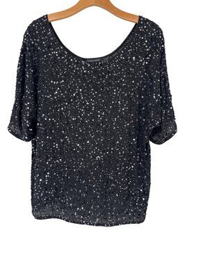 Eileen Fisher Black Sequin Silk Top short sleeve size large womens